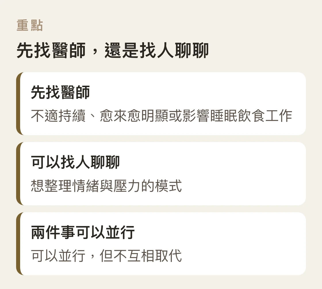 身體不適持續先找醫師評估,想整理情緒與壓力模式可以找人聊聊,兩者可並行但不互相取代