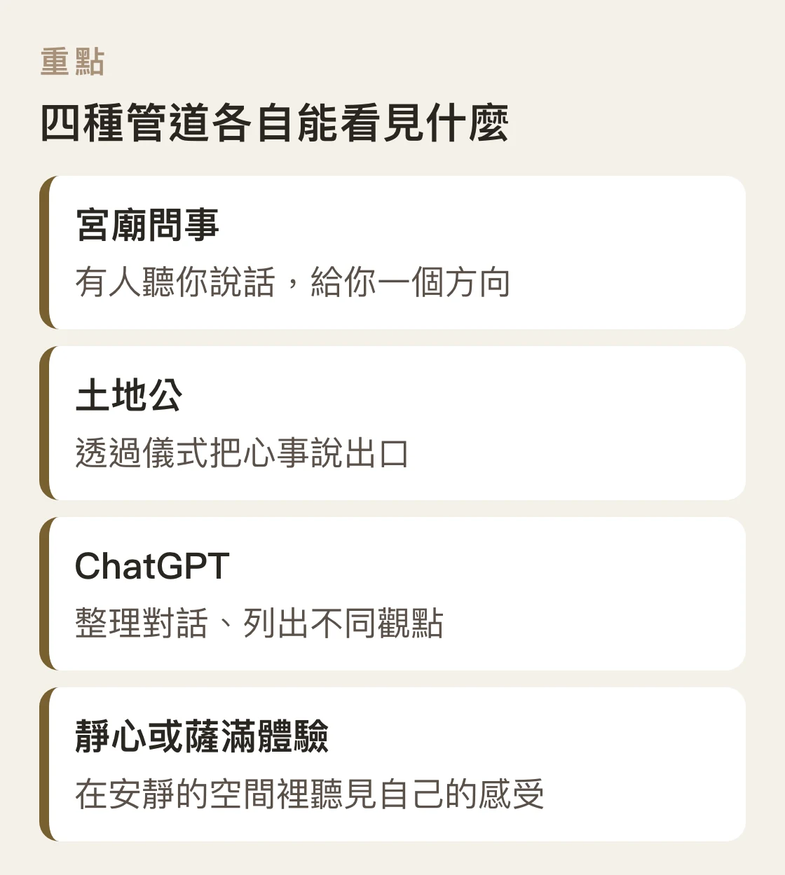 比較宮廟問事、土地公、ChatGPT與靜心體驗各自能幫你看見什麼